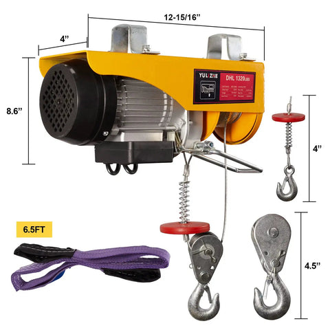Electric Hoist 1320 Lbs Winch With Remote Control 110V Lift System, showing size details and durable steel frame with hooks.