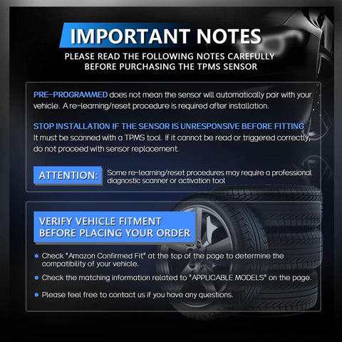 Important notes for Chill Out And Cruise With These Straight Swap Tire Pressure Monitoring Sensors running at 315 MHz set.