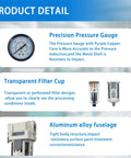 Product details of Half Inch NPT Air Filter Regulator Combo With Water And Oil Trap Separator And Air Dryer System, precision pressure gauge, transparent filter cup, aluminum alloy fuselage.