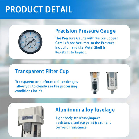 Product details of Half Inch NPT Air Filter Regulator Combo With Water And Oil Trap Separator And Air Dryer System, precision pressure gauge, transparent filter cup, aluminum alloy fuselage.