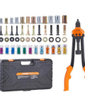 Straight Up 16 Inch Rivet Nut Tool Kit With 186 Rivnuts And 13 Sae Mandrels Quick Release Knuckle Puller displayed with tools and case.
