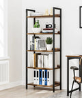 Five Tier Bookshelf With Sturdy Metal Frame in home office, vintage design, huge storage with books and decor, next to desk