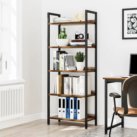 Five Tier Bookshelf With Sturdy Metal Frame in home office, vintage design, huge storage with books and decor, next to desk