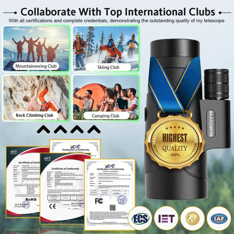 80x100 HD Monocular Telescope With Smartphone Adapter And Tripod For Adults, shown with certifications and adventure club images.
