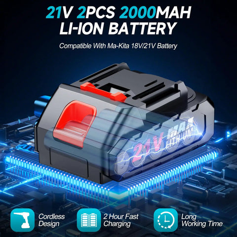 21V 2000mAh lithium battery compatible with Ma-Kita 18V/21V, showcasing cordless design and fast charging features.