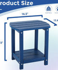 Square Outdoor Side Table With 2-Tier Storage, Weatherproof HDPE End Tables for gardens, shown in blue with dimensions 16.5x12.6 inches.