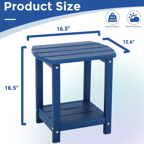 Square Outdoor Side Table With 2-Tier Storage, Weatherproof HDPE End Tables for gardens, shown in blue with dimensions 16.5x12.6 inches.