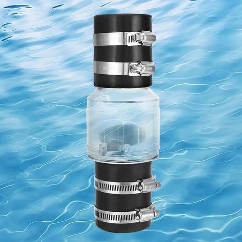Front view of QWORK CV-150 check valve, 1-1/2 inch, clear body with Buna-N couplings and steel hose clamps.