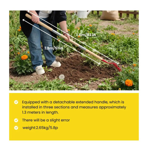 Person using Upgraded 3.0 Weeding Rake With Seven Carbon Steel Tines Three Wood Handles And Quick Lock Rotating Head For Heavy Duty Yard Work in Red Finish