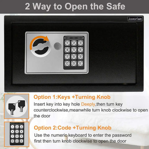 Electronic Digital Security Safe With Induction Light No Nonsense Tough Steel Build For Home Office Or Hotel Wall Or Cabinet Mountable 0.4 Cubic Feet Black showing control panel and instructions for two access methods.
