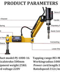 Zyllds 600W Electric Tapping Machine M3 To M16 With Touch Screen Control And 0-312 Rpm Speed display with parameters and specifications.