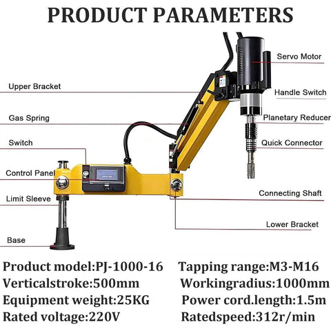 Zyllds 600W Electric Tapping Machine M3 To M16 With Touch Screen Control And 0-312 Rpm Speed display with parameters and specifications.