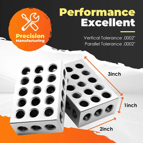 Pair Of 1 X 2 X 3 Inch Machinist Block Set With Screws, 23 Holes, One In Ten Thousandth Precision For Shop Use, Pro Grade, Durable Steel