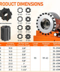 Product dimensions chart for 110V Electric Hydraulic Hose Crimping Machine with detailed crimping ranges and specifications.
