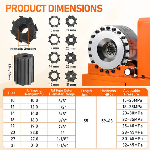 Product dimensions chart for 110V Electric Hydraulic Hose Crimping Machine with detailed crimping ranges and specifications.