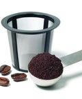 My K Cup Universal Reusable K Cup Pod Coffee Filter with ground coffee and beans, white removable lid, dishwasher safe