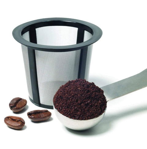 My K Cup Universal Reusable K Cup Pod Coffee Filter with ground coffee and beans, white removable lid, dishwasher safe