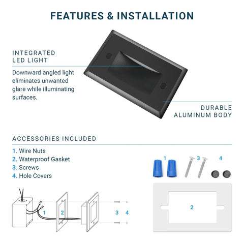 Installation guide and features of Six Pack Dimmable LED Step Lights For Indoor And Outdoor Stair And Deck Lighting With Three Color Temperature Options 3000K 4000K 5000K Aluminum Housing IP65 ETL Listed Black Finish 2.5W 130LM.
