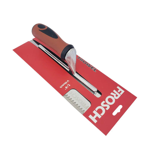 Stainless Steel V Notch Tile Trowel Quarter Inch With Comfort Grip Handle Heavy Duty Rust Proof 11 Inch Length in packaging