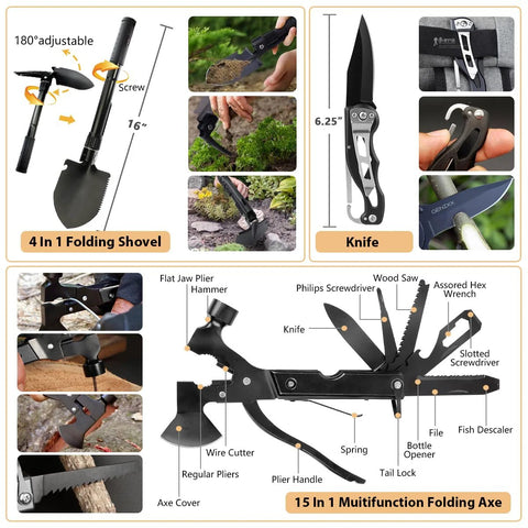 Outdoors survival kit with black 4-in-1 folding shovel (16 in), 6.25 in folding knife, and 15-in-1 multifunction folding axe.