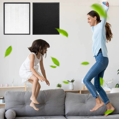 131 Great Value Replacement Filter Set For Levoit PUR131 Series Air Purifier; woman and child playing on sofa with green leaves