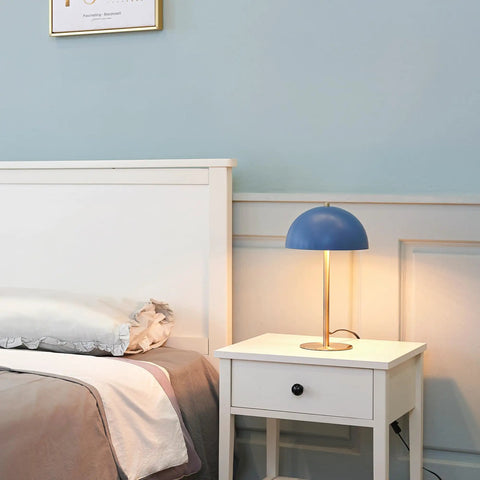Blue Desk Lamp With Brass Accents, 15 Inch Modern Mushroom Shade on nightstand in cozy bedroom setting, LED Bulb Compatible