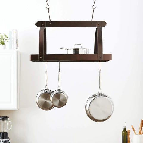 Heavy Duty Oiled Bronze Rectangular Pot Rack With Grid And 24 Removable Hooks For Kitchen Organization, Holds Up To 120 Pounds, Accommodates Pots And Pans, Measures 30 By 20.5 By 15.75 Inches, Durable Steel Construction