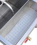 Heavy Duty Mobile Fryer Oil Filter Machine 55L Commercial Kitchen with stainless steel perforated filter tray for quick drainage.