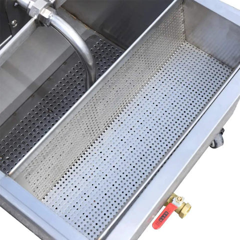 Heavy Duty Mobile Fryer Oil Filter Machine 55L Commercial Kitchen with stainless steel perforated filter tray for quick drainage.