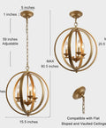 Gold Globe Pendant Light Fixture With Open Metal Spheres, Three-Light Chandelier in gold finish, showing dimensions and chain length