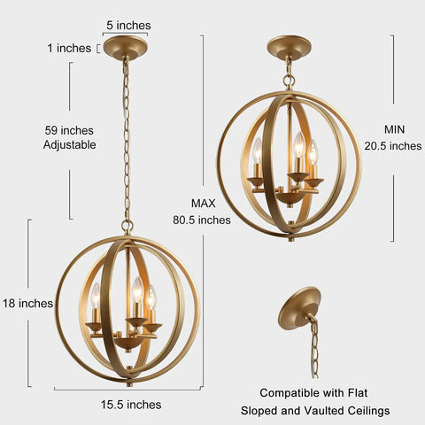 Gold Globe Pendant Light Fixture With Open Metal Spheres, Three-Light Chandelier in gold finish, showing dimensions and chain length