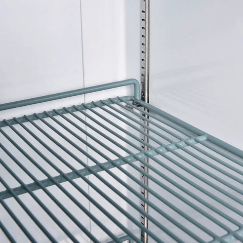 Interior close-up of Heavy Duty One Door Reach In Freezer Boasting Hella Roomy Twenty Three Cubic Foot Capacity With Rock Solid Stainless Steel Construction And Smooth Rolling Casters shelf.