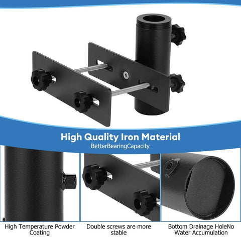 Rugged Deck Railing Umbrella Stand Clamp showing iron material and drainage hole features for poles 1.25-1.9 inches, black.