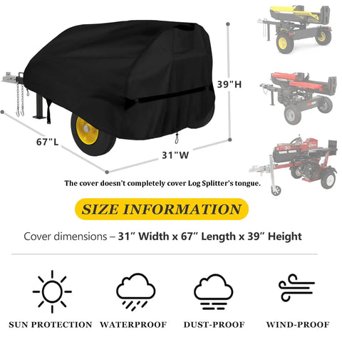 Heavy Duty Log Splitter Cover All Weather Waterproof Shield Built To Last For 15 40 Ton Splitters Fits Up To 83 In Long 45 In Wide 39 In High Tear Resistant 420D Polyester Material shown over a log splitter with size information.