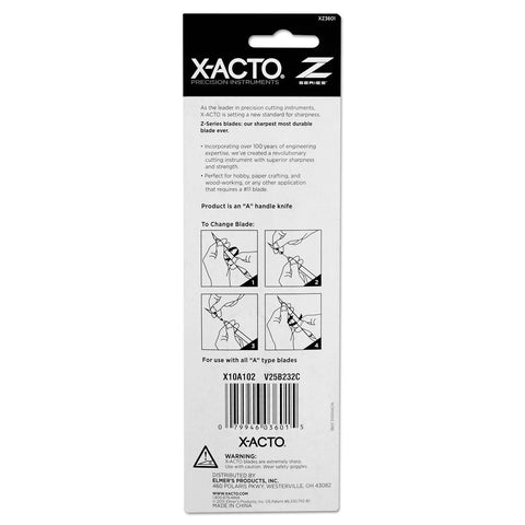 Back of X-ACTO Z-Series precision knife package showing blade-change steps and barcode