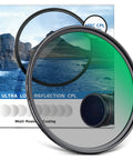 67mm Circular Polarizing Filter With 30 Layer Nano Coatings shown with packaging, ultra slim CPL, HD optical glass for landscapes