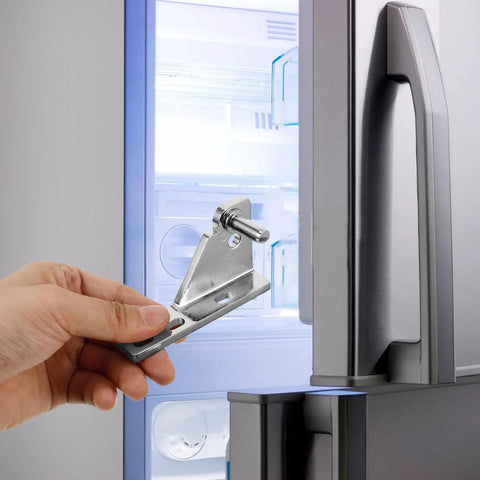 Heavy Duty Cabinet And Refrigerator Door Hinges Stainless Steel Replacement Set close up with fridge door