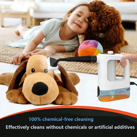 Heavy Duty Handheld Steam Cleaner Featuring Lightning Fast 15 Second Instant Heat And Muscle Packed 1200 Watt Motor, Generous 400 Ml Water Tank For Scrubbing Grout Floors With Zero Sweat in action cleaning a plush dog toy.