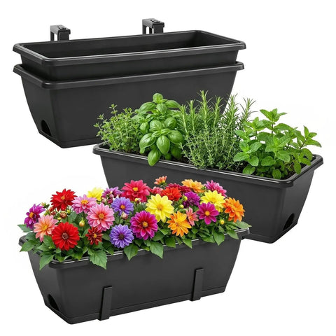 Railing Planter Box Kit 4 Pack With Adjustable Brackets 17 Inch Hanging Planters For Outdoor Plants No Fuss Balcony Fence Deck Rail Porch Over Rail Black Garden Flower Boxes displaying herbs and flowers.