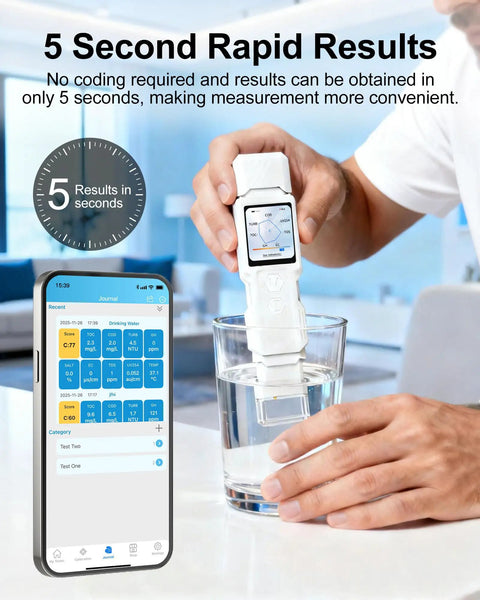 Person using 9 In 1 Smart Water Tester With App Monitoring, Digital Water Test Kit for drinking water with phone app display