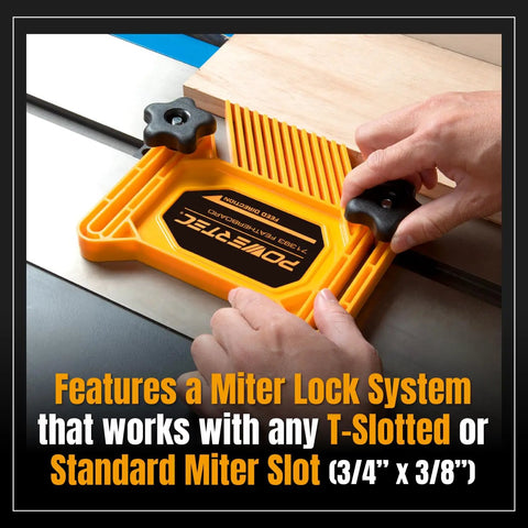Close-up of Tandem Featherboard And L Push Stick Safety Kit for Table Saw with miter lock system and T-slot bolts.