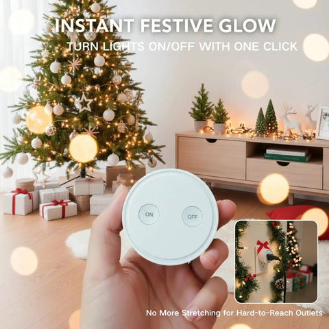 Person holding Mini Remote Control Outlet Plug Adapter With 656ft Range Wireless Light Switch in holiday decorated room.