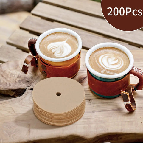Unbleached 3.75 Inch Percolator Coffee Filter Discs, 200 Count, Disposable Brown Paper next to coffee cups