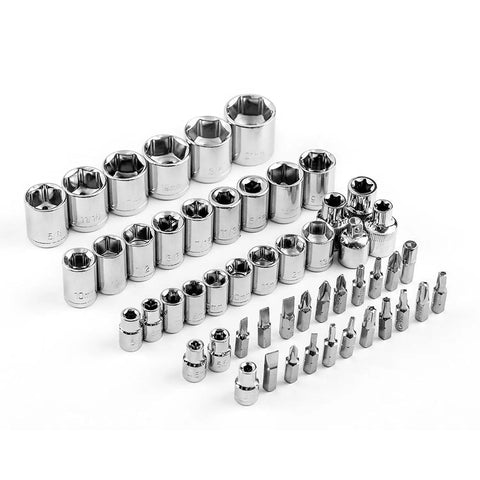 Assorted sockets from 128 Piece General Household Tool Set With Auto Repair Tools In A Plastic Toolbox Storage Case Chrome Finish