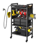 Power Tool Organizer Cart With Built In Charging Station And Eight Outlet Power Strip Four Tier Rolling Garage Tool Cart Heavy Duty Floor Standing Storage Rack Supports Up To 500 Lb Includes Drill Holder And Pegboard Hooks Built For Tough Jobs