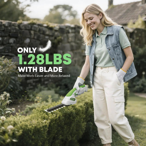 Person using 7.2V Cordless Hedge Trimmer And 2 In 1 Handheld Electric Shrub Trimmer With Grass Shears And Pruning Shears