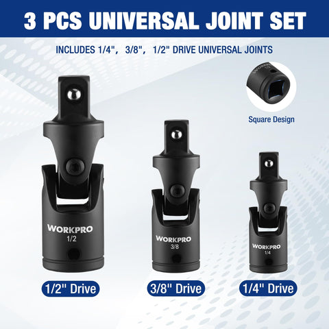 Flexible Universal Joint Socket Adapter Set For Multi Angle Access Includes One Quarter Inch, Three Eighths Inch And One Half Inch Drives