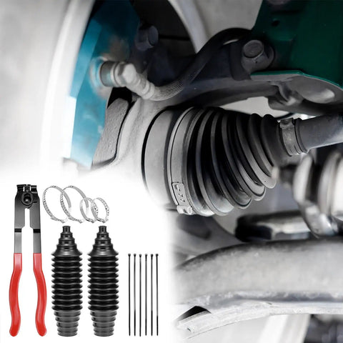 Universal Car Inner Tie Rod Boot Kit With Clamp Pliers, cuttable flexible silicone rack boots installed, showing components