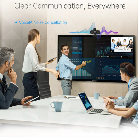 Group using Sharp 1080P Hd Webcam With Noise Canceling Mic And Auto Light Correction Featuring Privacy Cover Wide Angle View for video conferencing.
