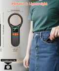 Person storing Pet Microchip Scanner For Dogs Cats And More, Rechargeable RFID EMID FDX B Reader with LCD Display in pocket
